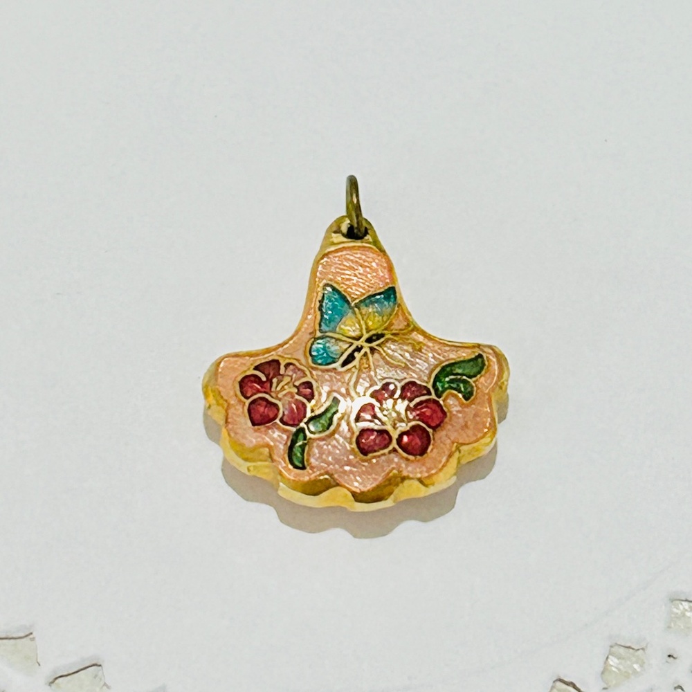 Tiny Vintage Cloisonné Butterfly and Floral Peach and Gold Tone Enameled Pendant